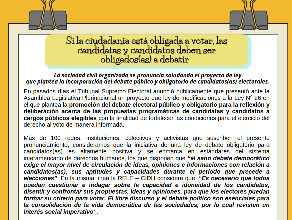 Sociedad civil organizada se pronuncia a favor del debate público y obligatorio de candidatos(as) electorales